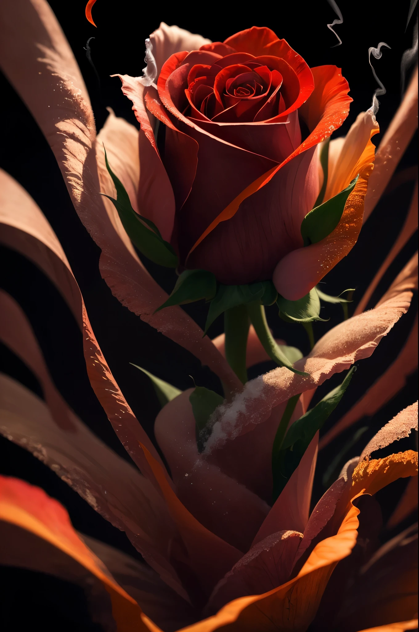 a close up of a red rose with smoke coming out of it, red rose, abstract smokey roses, roses made of colorful smoke, โค๐ฅ๐๐ช, rose twining, red smoke, rosses, photo of a rose, smoke art, exploding roses, rose, with smoke, red roses, red neon roses, 8k)), red flower
