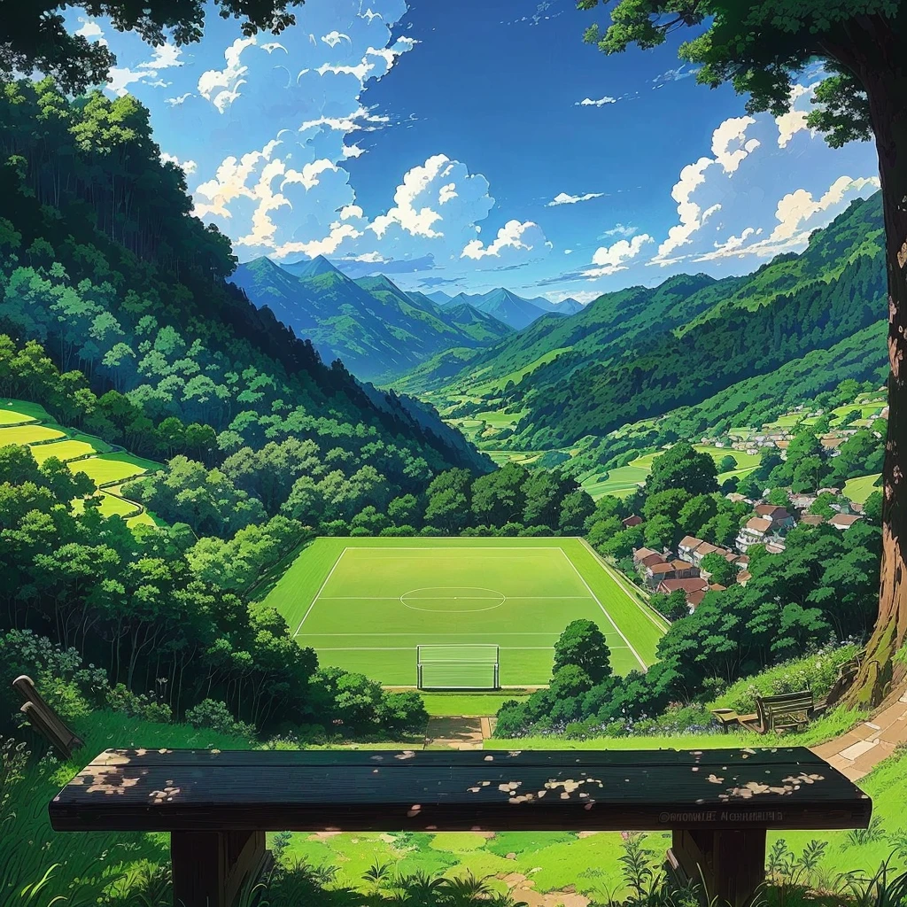 painting of a bench overlooking a lush green valley with a tennis court, anime countryside landscape, anime scenery, beautiful anime scenery, detailed scenery —width 672, anime landscape, detailed scenery, anime scenery concept art, anime background art, studio ghibli landscape, beautiful anime scene, anime nature, scenery artwork, lovely valley, scenery art detailed, ghibli artstyle, lush valley