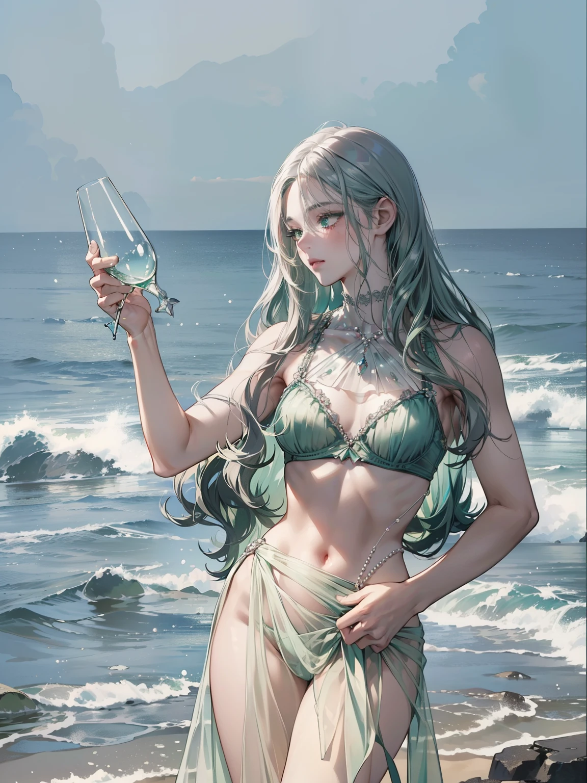 ((dark fantasy)), ((wavy hair, silver hair color, pale skin),(((green aquamarine eyes))), freckles, warm light,( 16 years old),busty,Glamour,Gorgeous,monochromes,erotic posing,Dynamic Posing,Arrange Pose,Dramatic,Cinematic,Detailed background, Dynamic Angle,From the angle of the film,Gothic background, Dark fantastic view,Best Quality,masutepiece,8K,The ultimate detailed dark background, Top image quality、RAW photography、超A high resolution，cropped shoulders, overall look is very erotic、Shot for one person only, model shoot, Large round , Beautiful Eyes of Details、Very slender eyes、Beautiful eyelashes、Very slim physique, with blush cheeks,Pearl Beaded Bralet bralette of transparent glass, ((pearl glass top)), ((bra of clear glass)), 