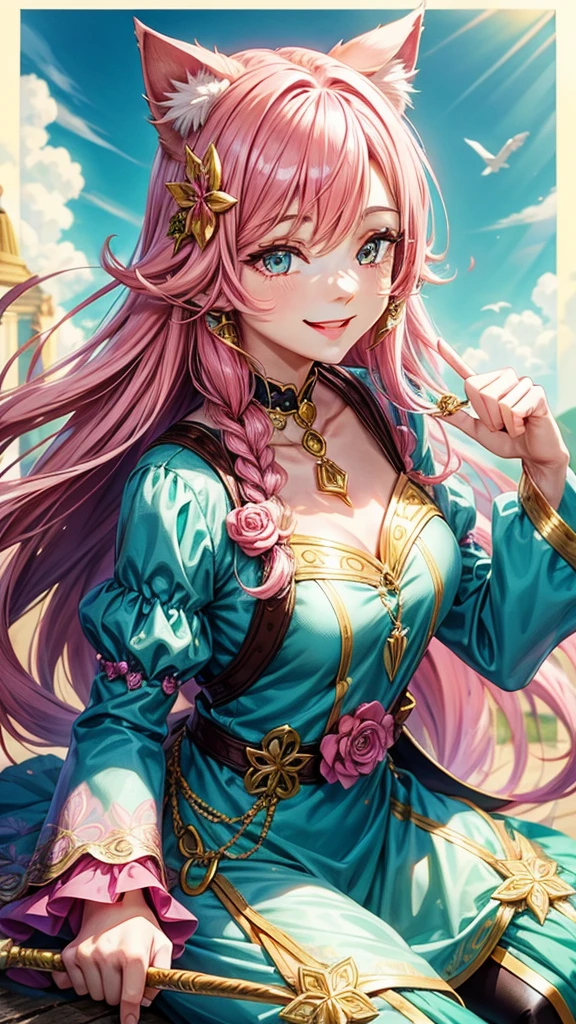 Pink hair, hazel eyes, older woman, hair jewel ornament, cat ears, long hair, smiling face, bright colors, fantasy clothes, teal pink and gold clothes