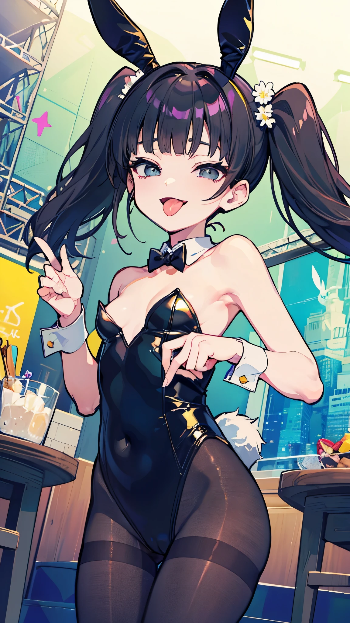 masterpiece、Highest quality、Very detailed))、One girl、Black Hair、Black Hair、twintails、blunt bangs、Grey Eyes、evil smile、((Open Mouth))、((tongue out))、((Small breasts))、playboy bunny))、((pantyhose))、Cowboy Shot、Stage Background