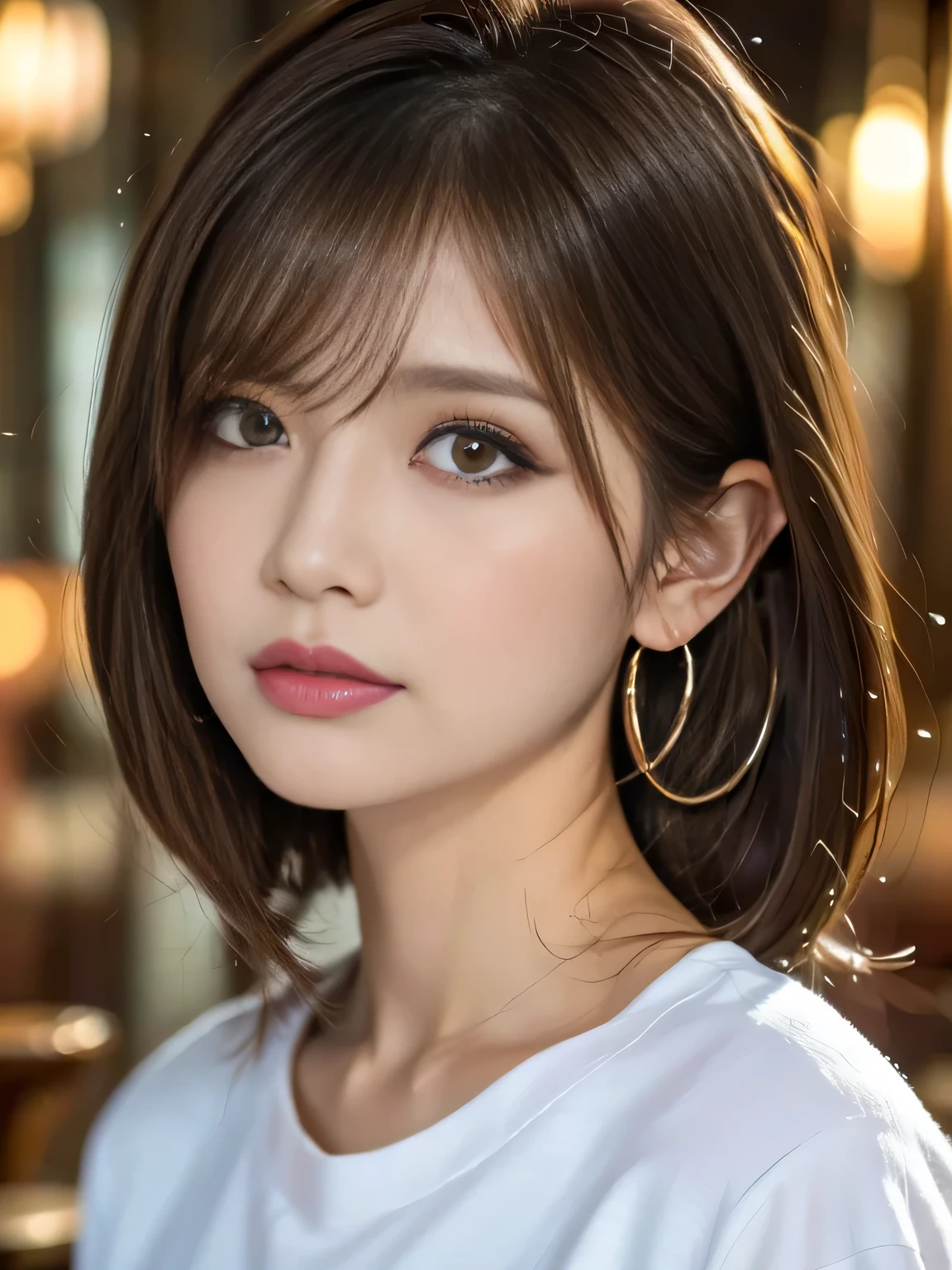 makeup, angry, mullet, hoop earrings, raised eyebrows, half-closed eyes, clenched teeth, ass pov, uhd, anatomically correct, high details, best quality, 8k、One Japanese woman、30 years old、A close-up photo of a face with focus on the face、background:hotel lobby、Focused eyes、Detailed eyes、Detailed face、Light brown hair、White T-shirt、Brown eyes、Symmetrical eyes、Heavy makeup、