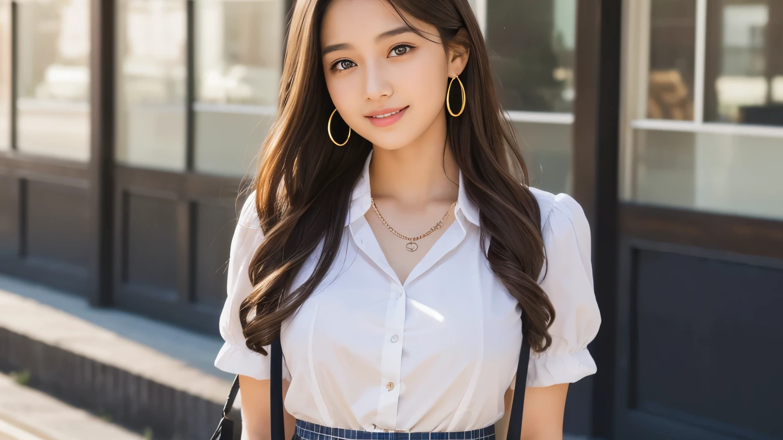 Highest quality、High resolution、8k wallpaper、Dense and beautiful eye-glue hair、(Beautiful breasts:1.3)、Natural color lip、17歳のwoman、woman、Brown Hair、smile、Semi-long hair、Hair tied up、Wearing a necklace and earrings、Fluffy blouse、high school student、uniform、Wearing a tie、Checkered mini skirt、Refusing to confess、School zone、Standing still、A bag is hanging from one side.
