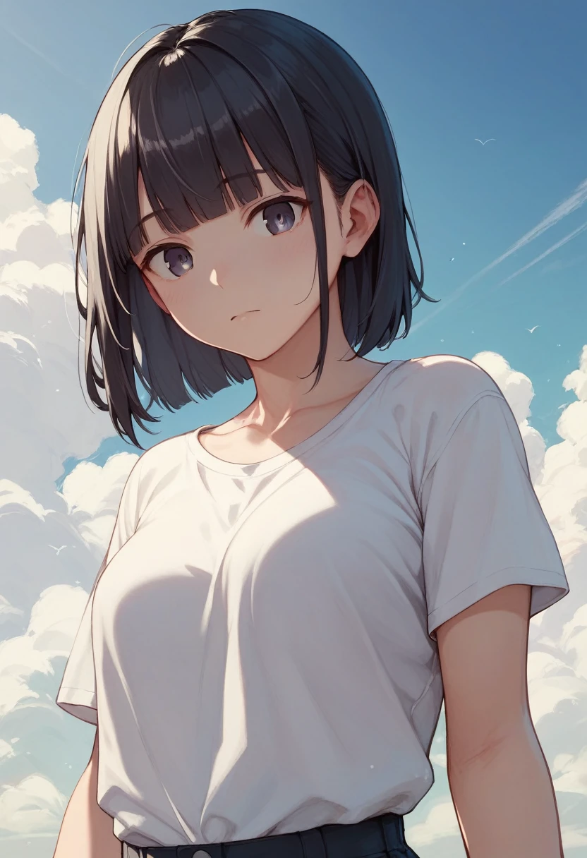 seiza、high resolution、Tabletop、Summer sky、To the Cloud、Cumulonimbus、White shirt、Hair between the eyes、blunt bangs、Black Hair、Spiteful eyes、