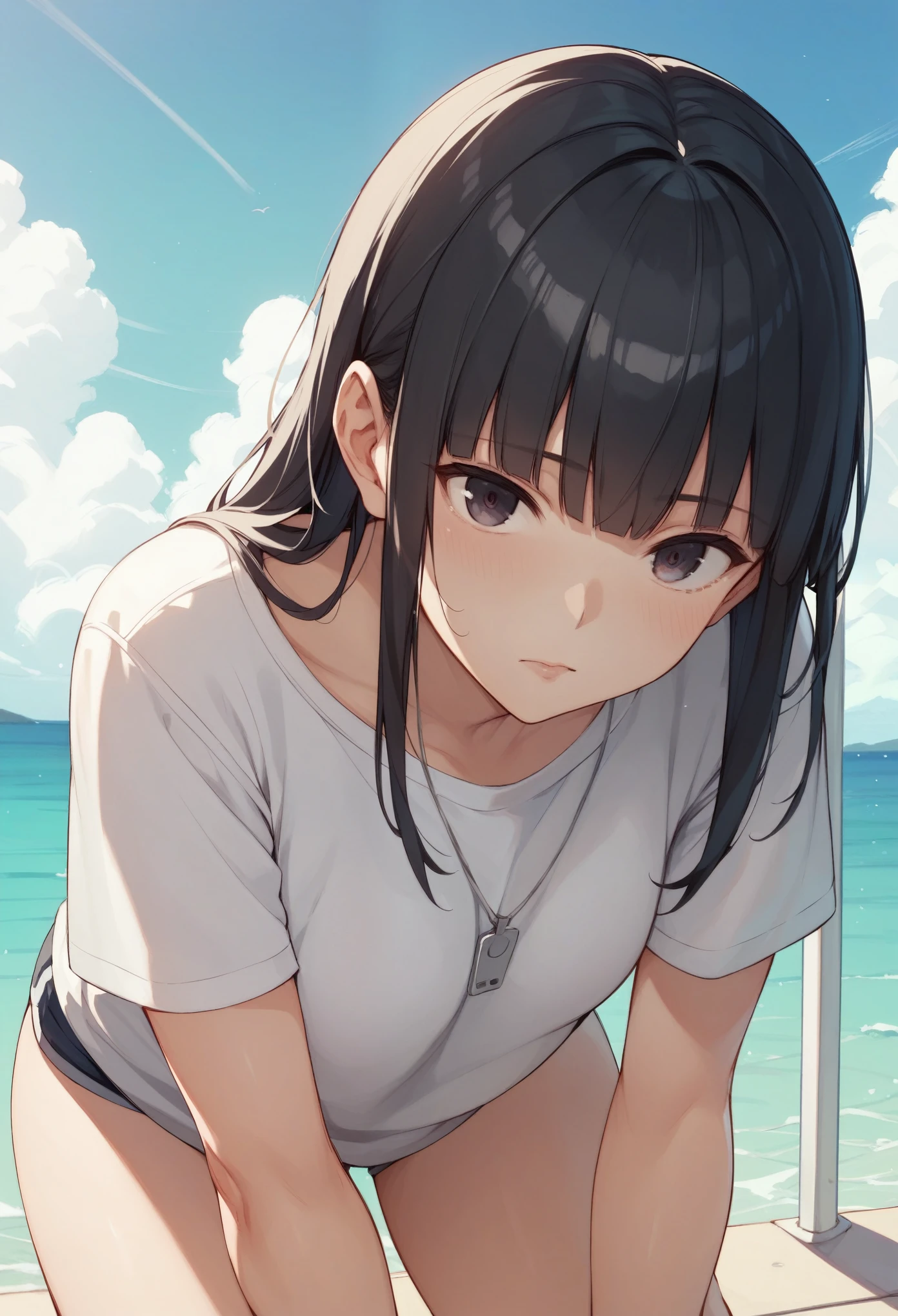 high resolution、Summer sky、To the Cloud、Cumulonimbus、White shirt、Hair between the eyes、blunt bangs、Black Hair、Spiteful eyes、leaning forward、hands on knees