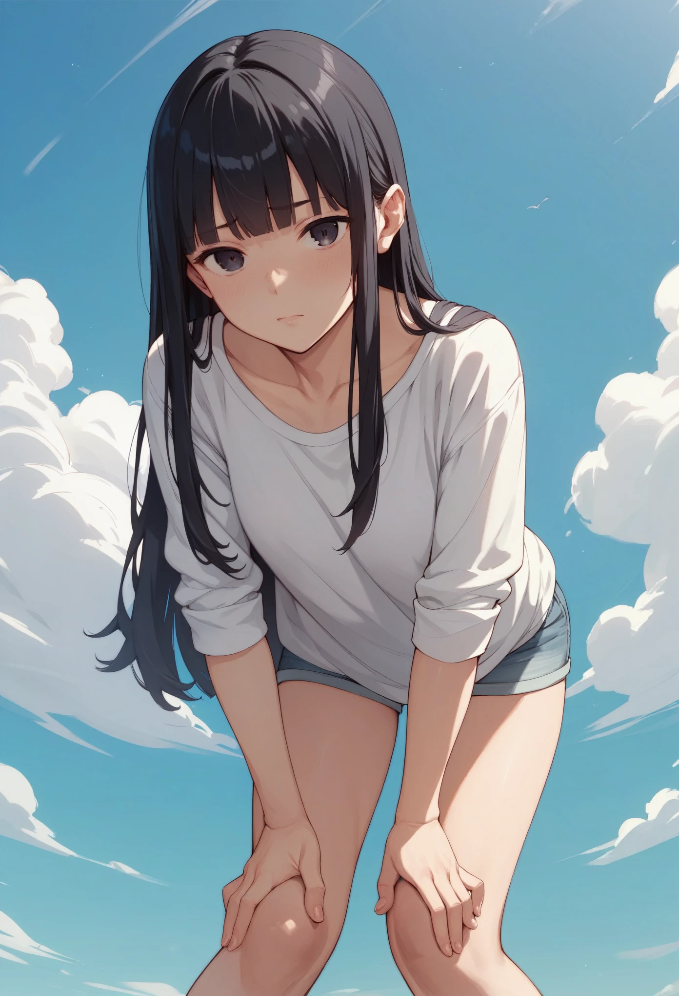 high resolution、Summer sky、To the Cloud、Cumulonimbus、White shirt、Hair between the eyes、blunt bangs、Black Hair、Spiteful eyes、leaning forward、hands on knees