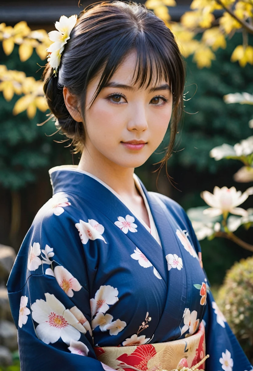 Cowboy shot , a Japanese ancient girl, looking at viewer, (beautiful Japanese Young General, girl is 20 years old), (Highly detailed face, Black hair ,Brown eye, Variegated eyes, Fuller lips, little Lips, little smile), (C cup breasts, middle hip), (Japanese kimono, background cloth indigo blue ,flower pattern), standing in Japanese on Garden, sunrise ,(masterpiece, Highest quality, masterpiece, God-like quality, Godly art, , Very realistic), same kimono,