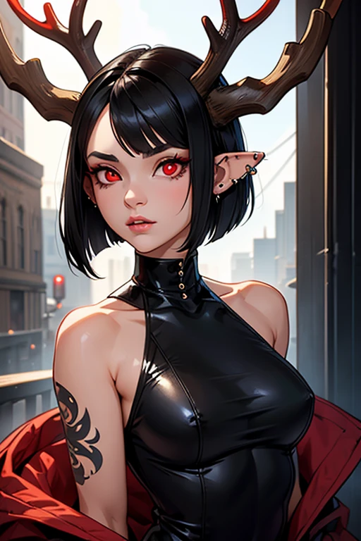 Girl with long pointed ears full of piercings, short black hair, duendecillo haircut, red eyes and antlers on the head. Make her like a character from some famous video game.