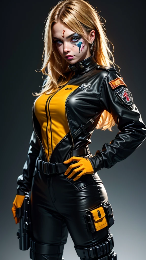1girl, fade, military uniform, cyborg, special ops outfit, tactical clothes, cute, absurdres, masterpiece, best quality, handgun, hand on hip, hand holdin gun, black outfit, octane render, realistic, (pistol:1.2), (face paint:1.2), blonde blue eyes, orange gloves, relife textures, hyper realistic, russian,