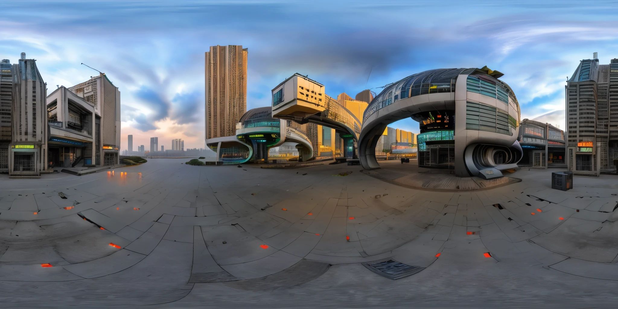 futuristic city on another planet, dramatic sky, cyberpunk, distopian, octane render, hyperdetailed, 360 degrees panorama, virtual reality