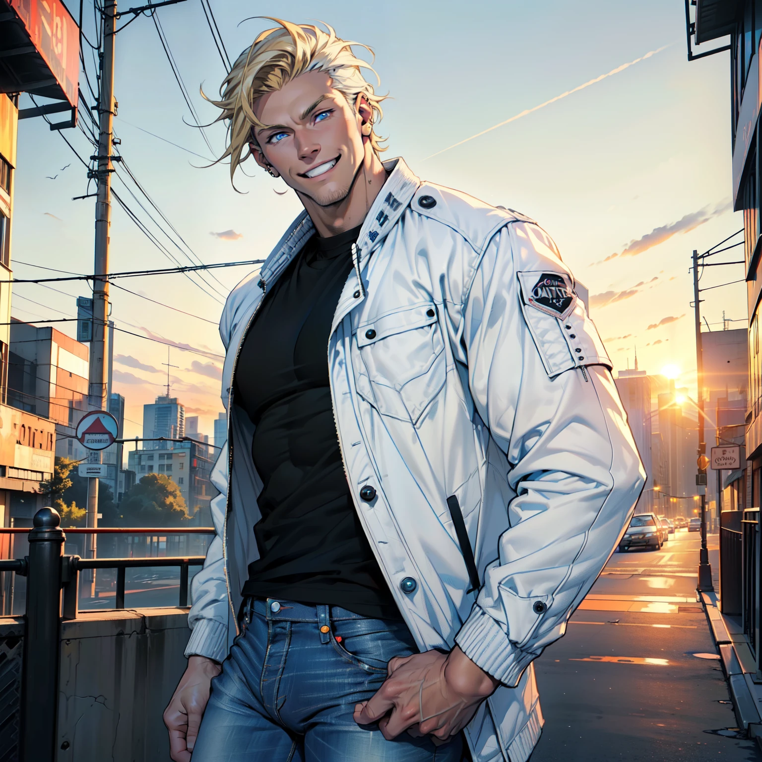 ((Home 22 years, tall and muscular, 1,80 m, 87 kg, with short blond hair and piercing blue eyes)), (((wearing a white jacket over a black t-shirt and jeans))), ((true and happy smile)), (((in the city at sunset))),