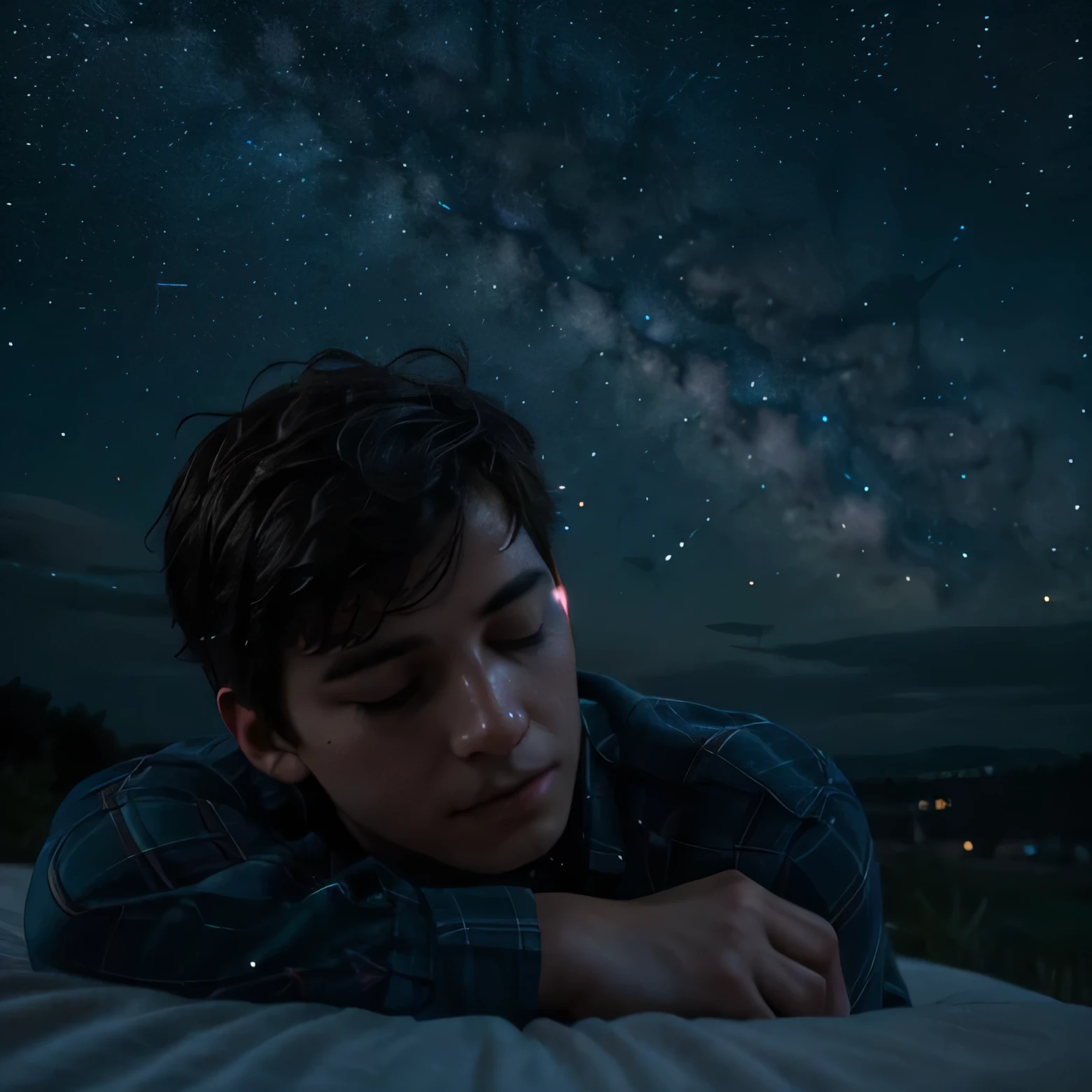 Imagine a young man sleeping in the middle of a starry sky.