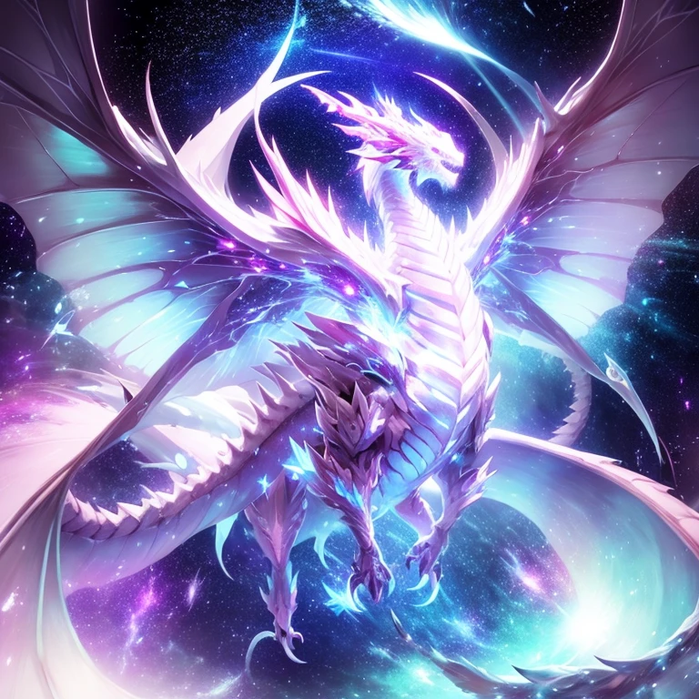 (1 dragon) flying in the universe, full body, white futuristic dragon, star dragon, large horns, large white butterfly wings, light pink shooting star energy behind, shooting star , galaxy background, glowing colors