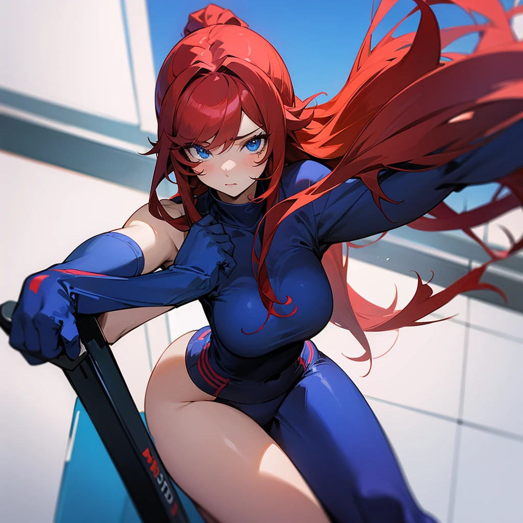 Anime girl with big red hair and blue eyes in sexy gym outfit.