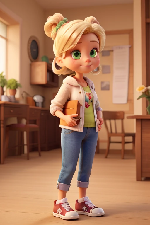 A 50 year old blonde woman, a bun and hair tied back, greeneyes, wearing converse sneakers, holding a flower.