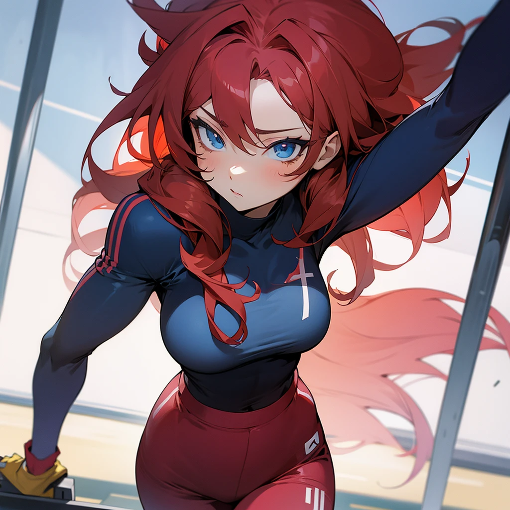 Anime girl with big red hair and blue eyes in y gym outfit.