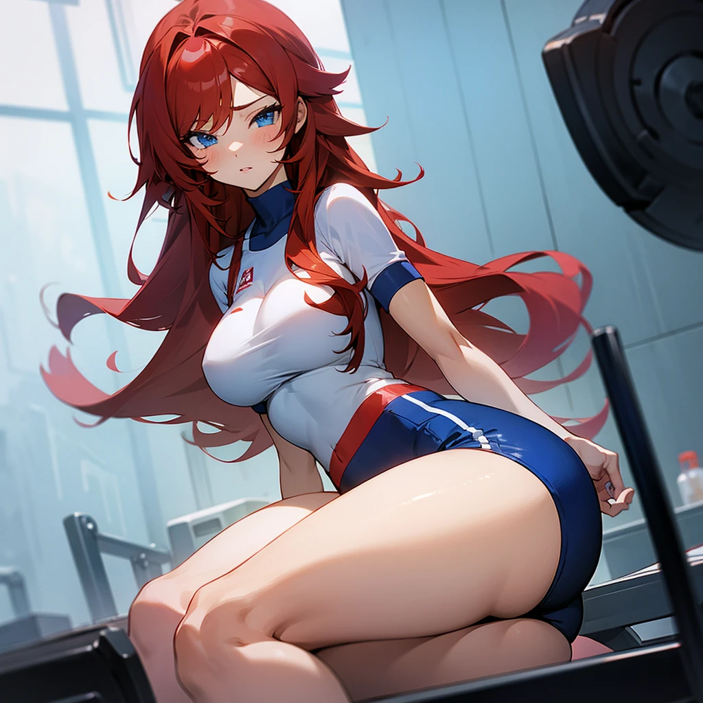 Anime girl with big red hair and blue eyes in sexy gym outfit.