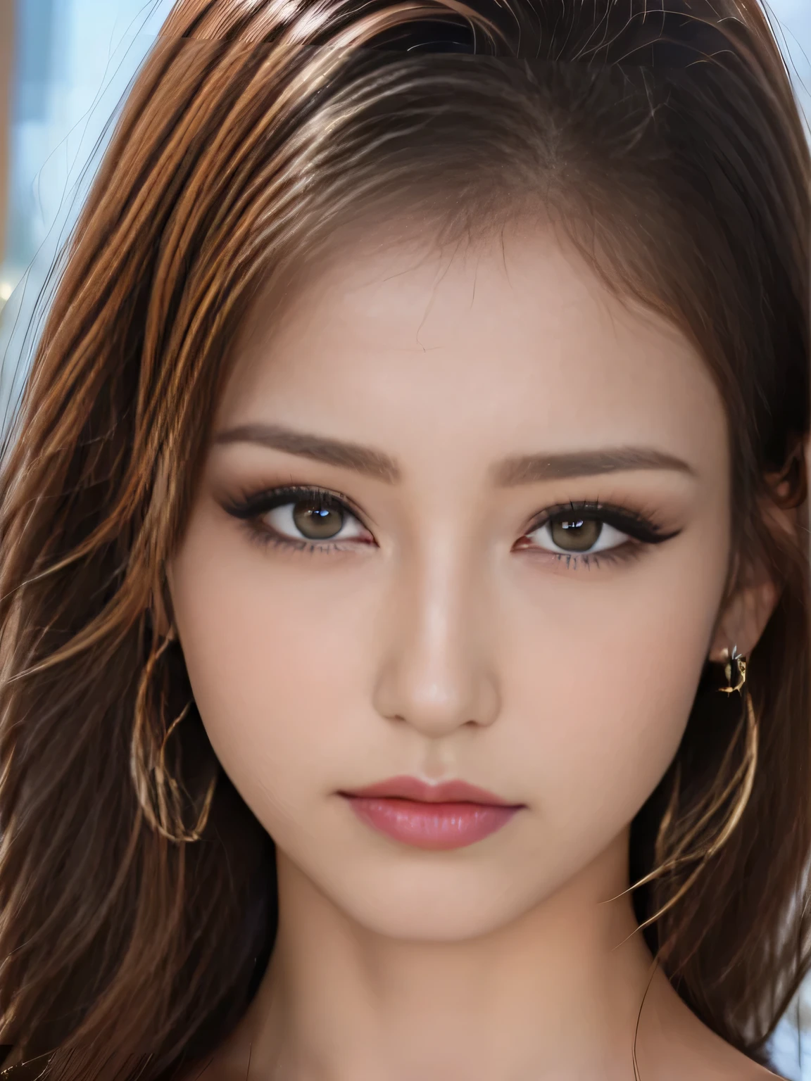 makeup, angry, mullet, hoop earrings, raised eyebrows, half-closed eyes, clenched teeth, ass pov, uhd, anatomically correct, high details, best quality, 8k、One Japanese woman、30 years old、A close-up photo of a face with focus on the face、background:hotel lobby、Focused eyes、Detailed eyes、Detailed face、Light brown hair、White T-shirt、Brown eyes、Symmetrical eyes、Heavy makeup、