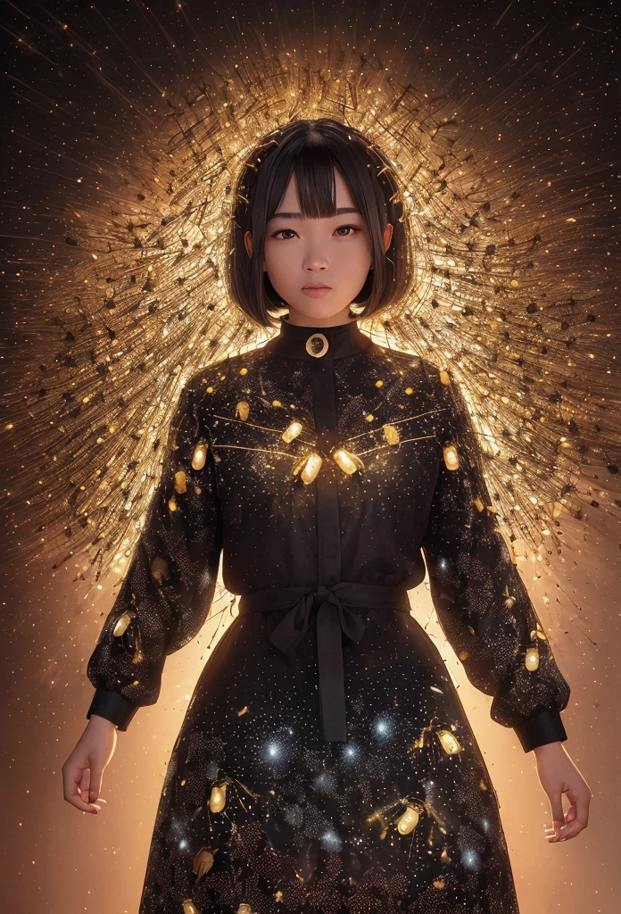 A person made of fireflies, surrounded by fireflies.