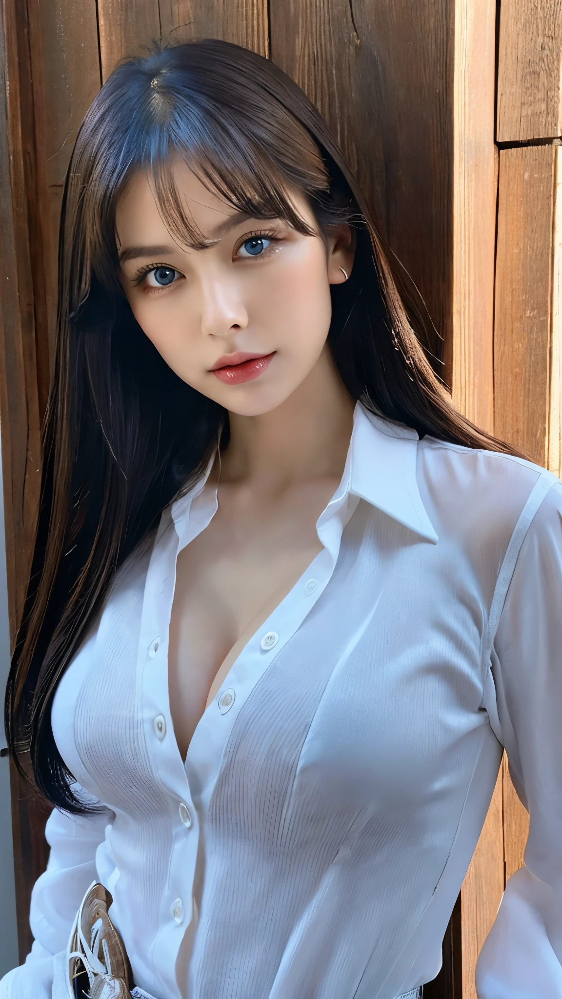 (masterpiece;1.3), realistic, 8k, Ultra-realistic, Dark Elf, brawn Hair, blue eyes, sexy, (wearing white button up shirt :1.1), look up, shiny hair, beautiful face, fine eyes, fine lip, Seductive pose, Straight and loose hair, (huge breasts), cleavage, Half American, Half Japanese, natural Light, Cowboy Shot