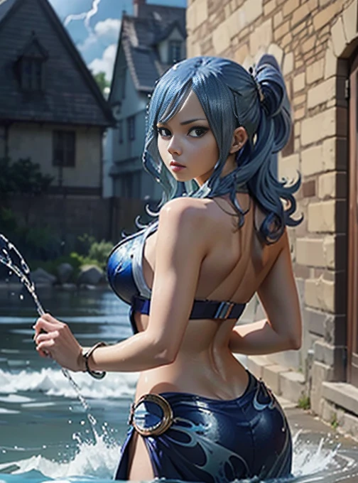 (Juvia Lockser:1.2), (Fairy Tail:1.2), water mage, (flowing blue hair:1.2), ((masterpiece:1.4, best quality)), ((masterpiece, best quality)), (photo realistic:1.4), 1girl, (seductive pose), ((sexy back and side pose)), sleek form-fitting outfit, intricate details, magical flair, (bare shoulders), confident expression, playful expression, stormy background, swirling water elements, lightning, dramatic lighting, shadows, shimmering water droplets, glowing magical aura, elegant accessories, rich colors, deep blues, purples, professional lighting, physically-based rendering, enchanting, alluring, attractive, Rich Detail, Perfect Image Quality