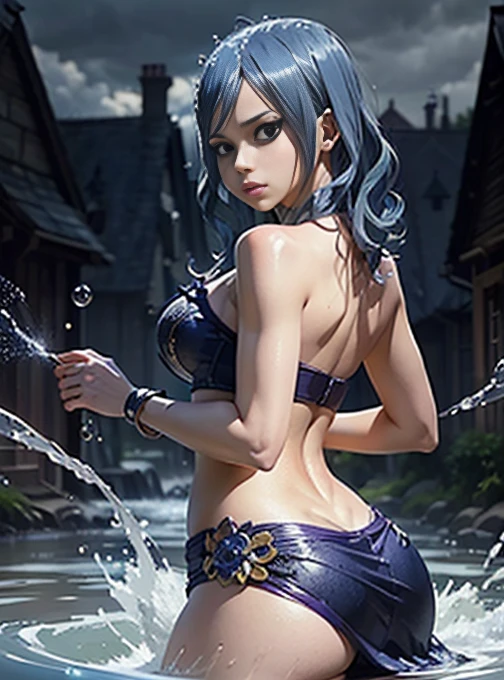 (Juvia Lockser:1.2), (Fairy Tail:1.2), water mage, (flowing blue hair:1.2), ((masterpiece:1.4, best quality)), ((masterpiece, best quality)), (photo realistic:1.4), 1girl, (seductive pose), ((sexy back and side pose)), sleek form-fitting outfit, intricate details, magical flair, (bare shoulders), confident expression, playful expression, stormy background, swirling water elements, lightning, dramatic lighting, shadows, shimmering water droplets, glowing magical aura, elegant accessories, rich colors, deep blues, purples, professional lighting, physically-based rendering, enchanting, alluring, attractive, Rich Detail, Perfect Image Quality