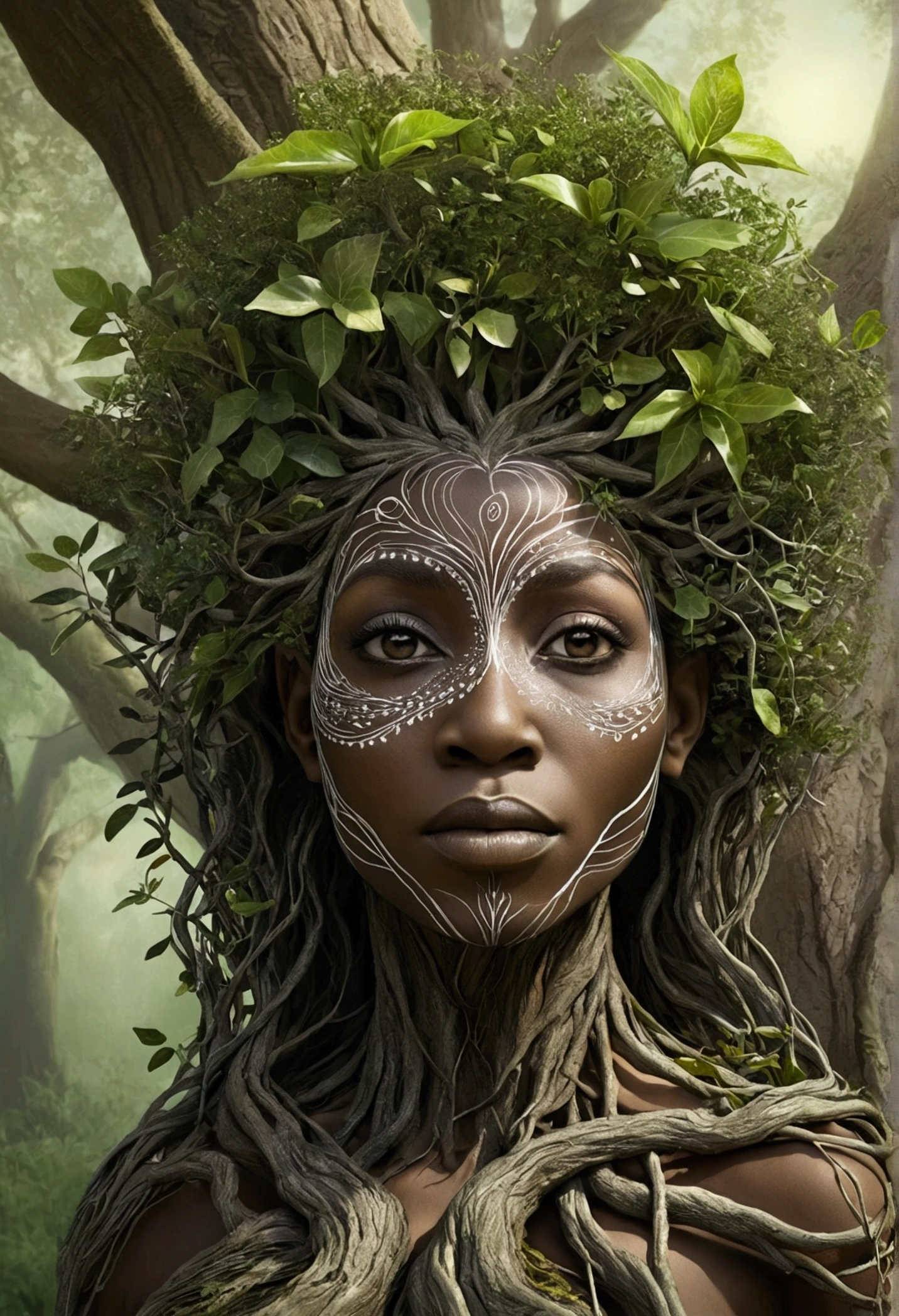 there is a tree that has been shaped like a black woman's face, person made of tree, woman made of plants, portrait of a dryad, living tree, fantasy tree, hair made of trees, intricate digital painting, branches sprouting from her head, highly detailed digital art, treebeard, artistic illustration, humanoid flora, beautiful digital artwork, mother nature