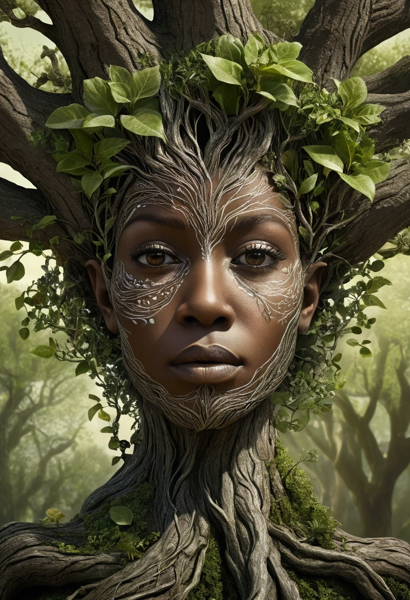 there is a tree that has been shaped like a black woman's face, person made of tree, woman made of plants, portrait of a dryad, living tree, fantasy tree, hair made of trees, intricate digital painting, branches sprouting from her head, highly detailed digital art, treebeard, artistic illustration, humanoid flora, beautiful digital artwork, mother nature