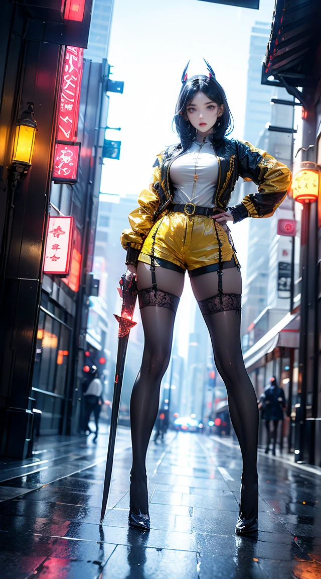 masterpiece,best quality,high resolution, 1 girl,from below,(매우 얇고 straight legs),,(매우 long legs,straight legs),,high heel,long legs,stand on all fours, 정면에서 보면 long legs, perfect body,with perfect legs,(Exterior),Telegraph slang,cyberpunk figures,dynamic pose,1 girl,Exquisite eyes,brown eyes,eye shadow,to put on make up,long gray hair, detailed face, detailed eyes, looking at viewer, blusher\(to put on make up\), plump lips, red lip,(long gray hair:1.3), (stand on all fours)Mechanically static,Summon Mech,(headdress:1.1),headgear,((((short yellow jacket,ultra shorts)))),(black lace stockings,stocking suspenders),city,Luminous winding,Holding a long sword in his hand,weapon,Cyberpunk Lighting:1.1),neon lights,Completely mechanical and futuristic elements,technology,배경은 중국 전통 distance,Chinatown, distance, sky sky, cyberpunk figures, lantern, Neon Super Resolution,(realism:1.3),1(slim:1.2),dramatic lighting,vivid details,classy cyberpunk,complex background,Rendering with high octane,
