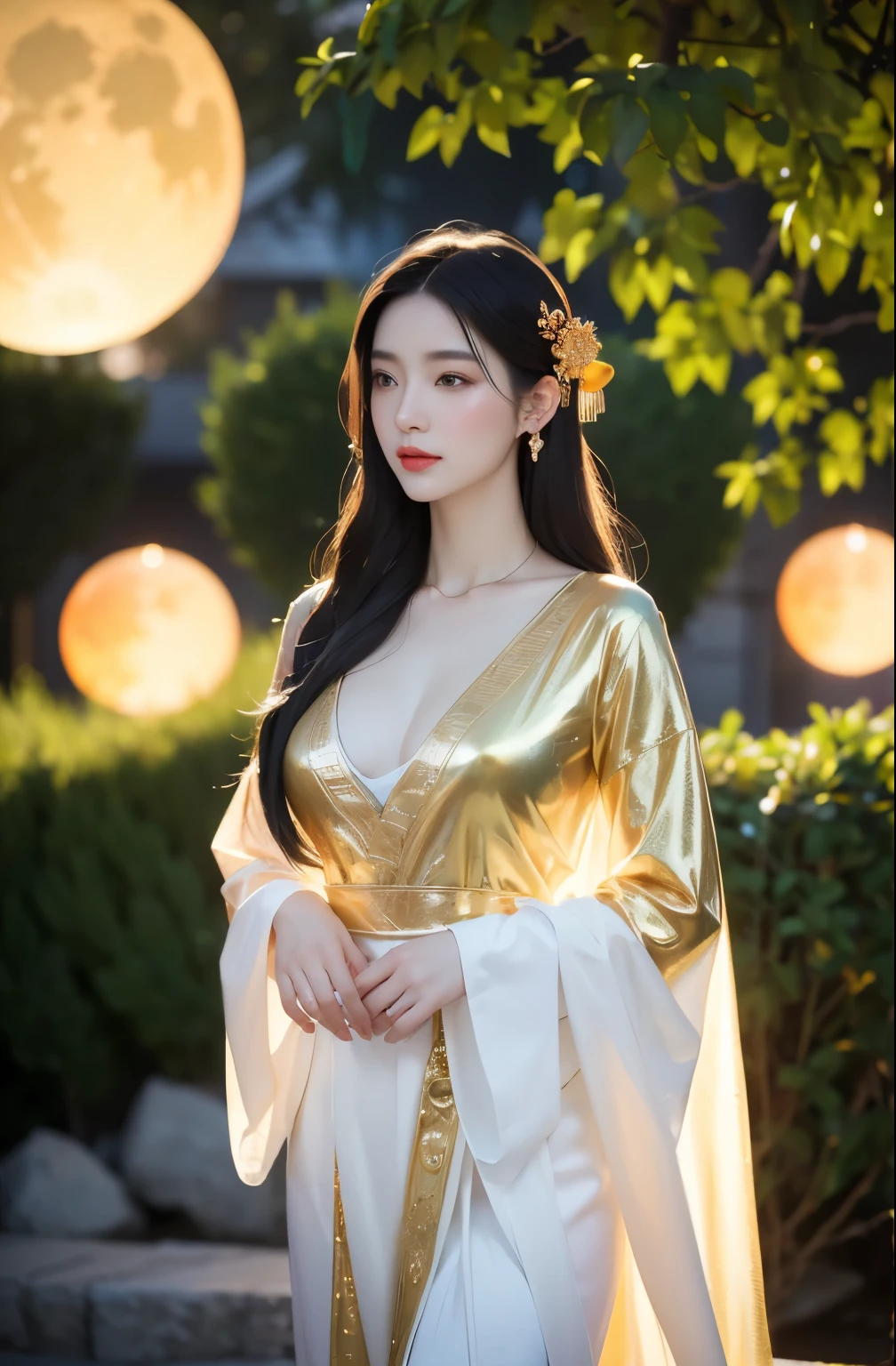 (work of art:1.2),1 girl,pale_Skinned,realistic Skinned,Chinese,
A divine goddess wearing a transparent robe with sun and moon motifs, your hair adorned with stars, as she presides over the heavens,
Medium chest,neckleace,swirly vibrant colors,
Bblack hair,
plein-air,