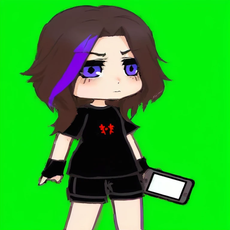 cartoon girl with purple hair and black shirt holding a tablet, advanced digital chibi art, chibi, anime style, персонаж anime style, Digital art!!, anime style, chibi style, like an anime character, Emo Girl, ig studios anime style, cel - shaded art style, people shaded!!!, chibi girl, Video game avatar, anime chibi