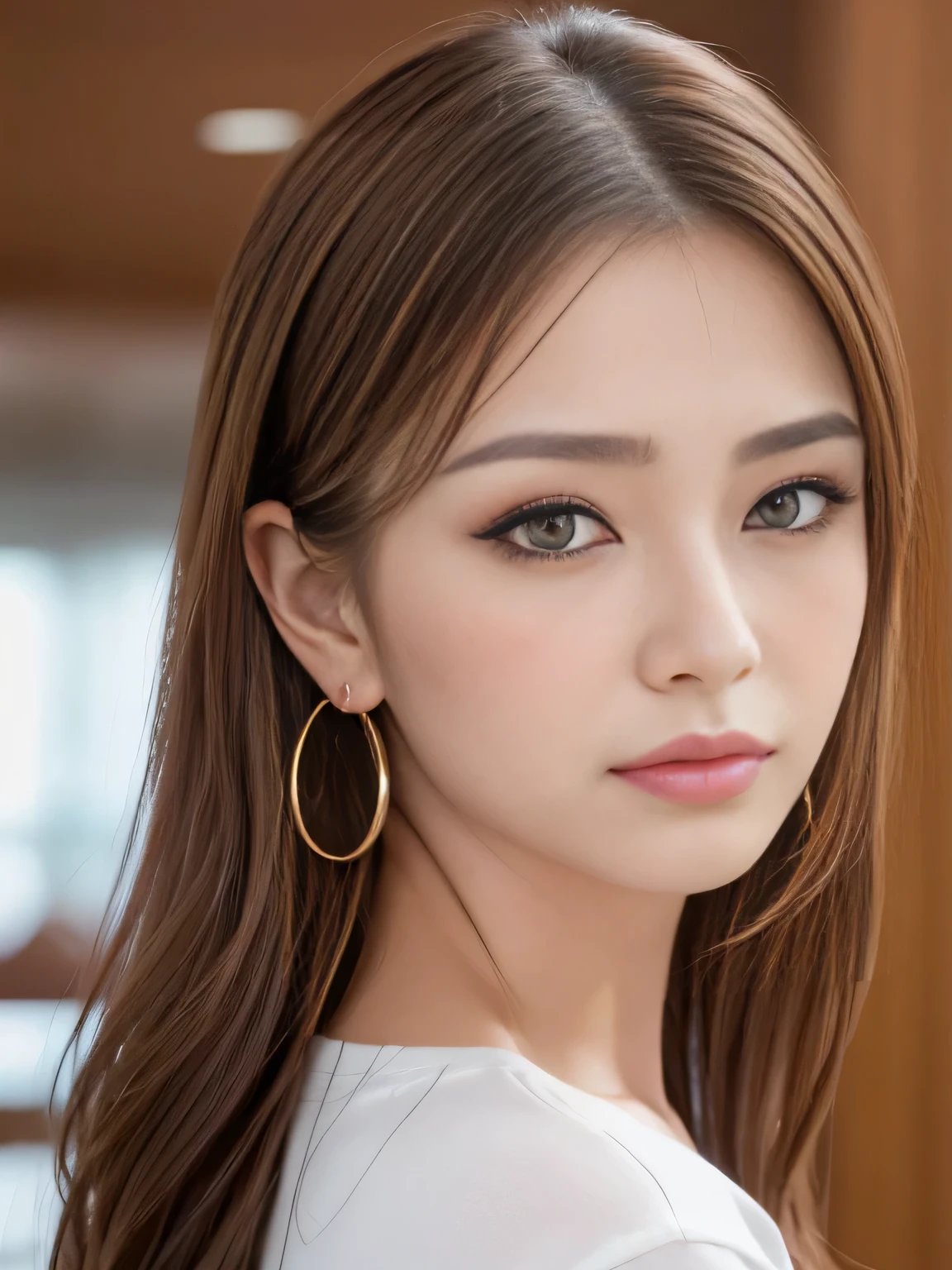 makeup, angry, mullet, hoop earrings, raised eyebrows, half-closed eyes, clenched teeth, ass pov, uhd, anatomically correct, high details, best quality, 8k、One Japanese woman、30 years old、A close-up photo of a face with focus on the face、background:hotel lobby、Focused eyes、Detailed eyes、Detailed face、Light brown hair、White T-shirt、Brown eyes、Symmetrical eyes、Heavy makeup、