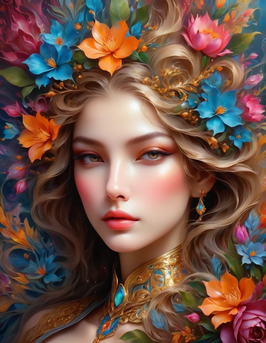 charming woman with smoky eyes and glossy lips, surrounded by intricate floral designs and fractal elements, imane anys, Soldier Nandor, lorena avarez, (best quality,4k,8k,highres,masterpiece:1.2),ultra-detailed,(realistic,photorealistic,photo-realistic:1.37), oil painting, vibrant colors, soft lighting