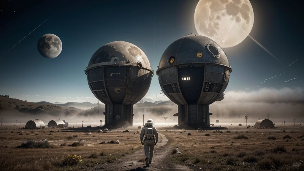 An astronaut walking in the middle of strange alien constructions, very technologically advanced and futuristic, and abandoned. , in the middle of the fog, two moons in the sky, very detailed, photorealistic