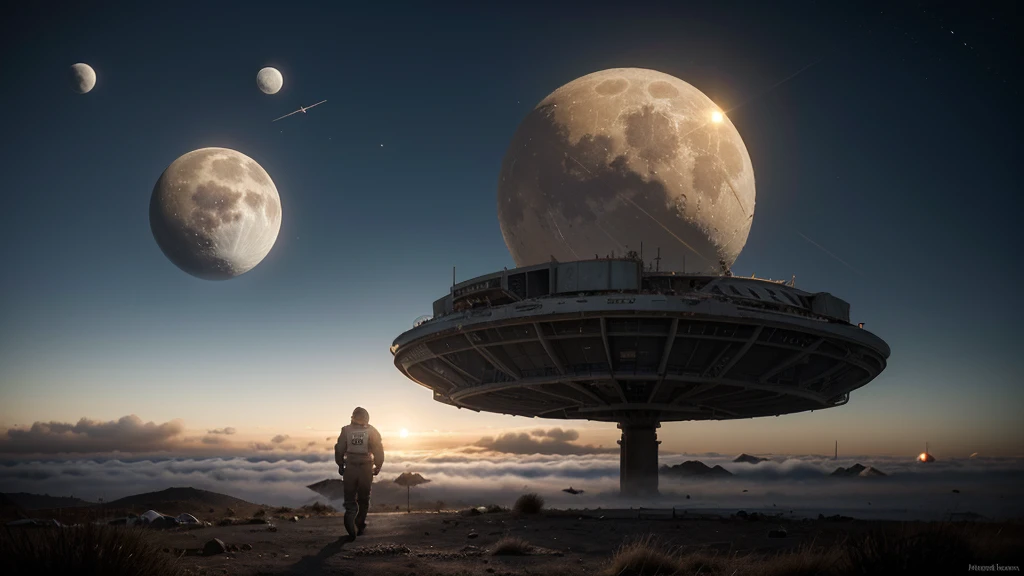 An astronaut walking in the middle of strange alien constructions, very technologically advanced and futuristic,  and abandoned. , in the middle of the fog, two moons in the sky, very detailed, photorealistic 