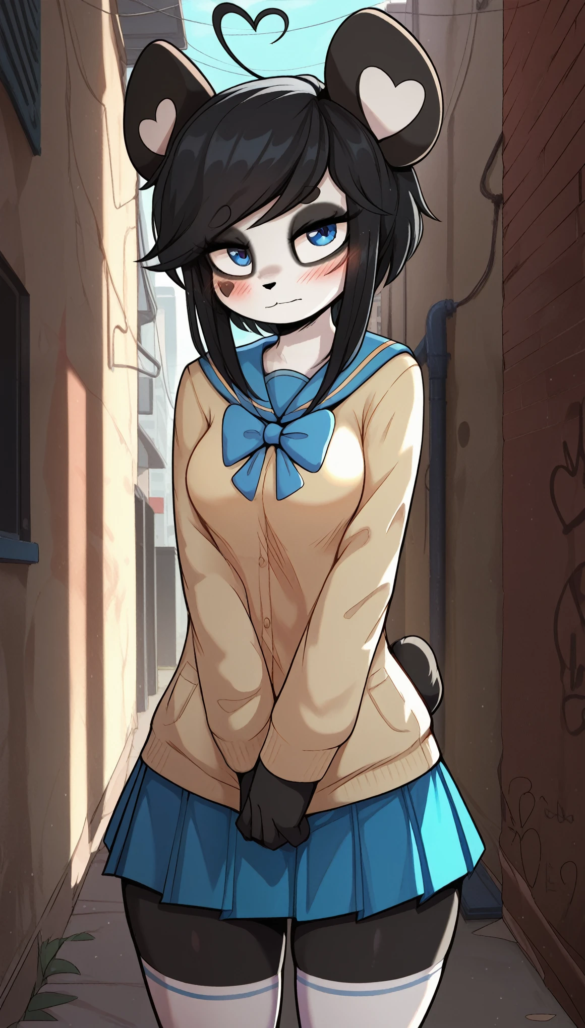 masterpiece, best quality, shy expression, embarrassed, 1girl, anthro, furry, fur, fluffy fur, kenny \(kenashcorp\), (panda, panda girl), furry, panda ears, animal nose, black fur, white fur, eyes makeup, black eyes, panda tail, heart ahoge, cheek heart, black arms, black legs, black hair, medium hair, blue eyes, half-closed eyes, medium breasts, thick thighs, solo, (alley), detailed, (school uniform, blue skirt, white thighhighs), blush, score_9, score_8_up, score_7_up, score_6_up, score_5_up, score_4_up