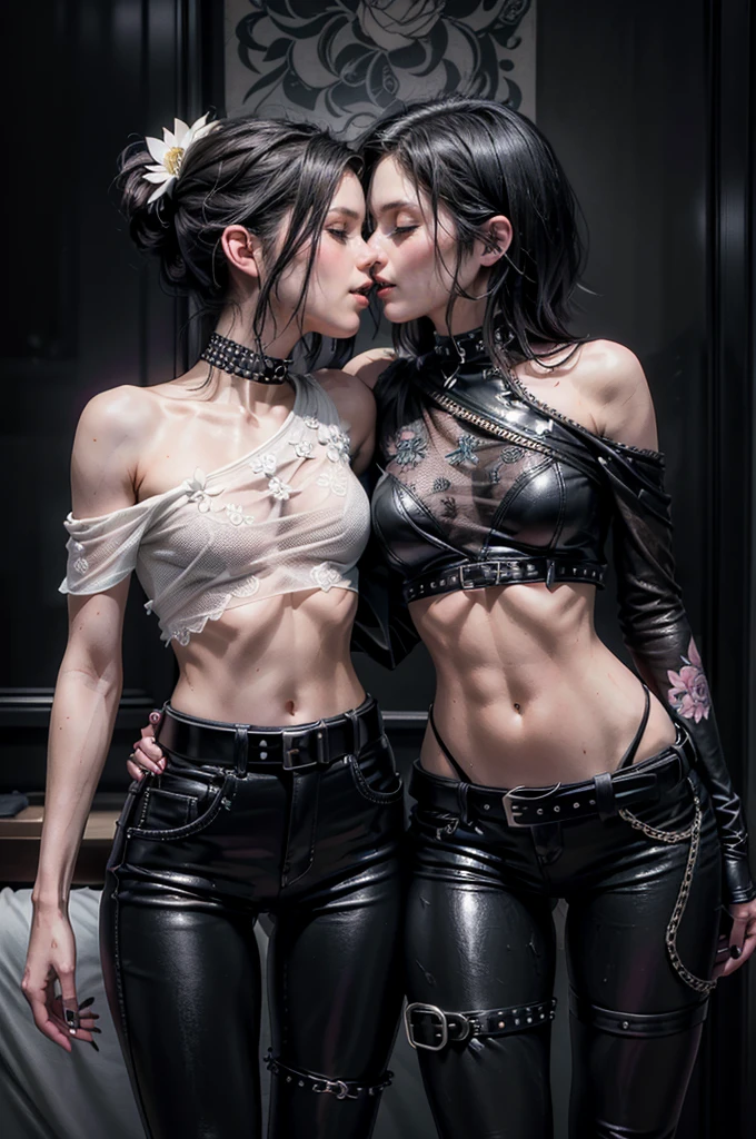 (Detailed illustrations, Very detailed and detailed drawing, Delicate lines with slow and rapid, Realistic texture expression), Two woman with very short black hair , (((passionate kissing))), kiss, (((eyes closed))), (((closed eyes))), erotic, (((one girl is touching the other sensually and grabbing her crotch))), ((intimate)), ((hand in pants)), ( emo hairstyle, ), goth, pale white skin, (girls bedroom background), dark lighting, cold atmosphere, lore_Emma , blue eyes , dark eyeliner, (ultra dark glossy black lipstick), gorgeous face , super cute, 18 years old , hyper detailed face, (super skinny figure , small breast, thin waist), slim legs, slim hips, LowriseXL, (ultra low rise wet look shiny leather pants with transparent flower pattern), (bare shoulder mesh shirt with flower pattern), black choker, vulva tattoo, (white lotus flower in hair), ((flower pattern tattoo)), fingerless leather gloves, (black nail polish), faded tattoo's, ((thigh belt)), ((hip chains)), ((belt hanging on hip)), ((many studded belts))