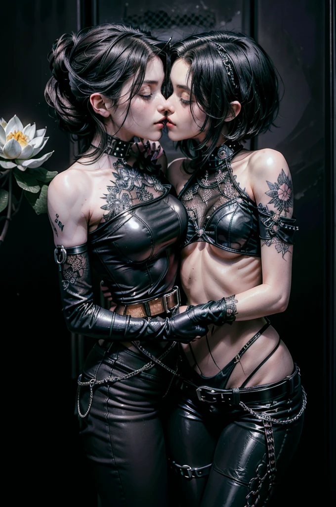 (Detailed illustrations, Very detailed and detailed drawing, Delicate lines with slow and rapid, Realistic texture expression), Two woman with very short black hair , (((passionate kissing))), kiss, (((eyes closed))), (((closed eyes))), erotic, (((one girl is touching the other sensually and grabbing her crotch))), ((intimate)), ((hand in pants)), ( emo hairstyle, ), goth, pale white skin, (girls bedroom background), dark lighting, cold atmosphere, lore_Emma , blue eyes , dark eyeliner, (ultra dark glossy black lipstick), gorgeous face , super cute, 18 years old , hyper detailed face, (super skinny figure , small breast, thin waist), slim legs, slim hips, LowriseXL, (ultra low rise wet look shiny leather pants with transparent flower pattern), (bare shoulder mesh shirt with flower pattern), black choker, vulva tattoo, (white lotus flower in hair), ((flower pattern tattoo)), fingerless leather gloves, (black nail polish), faded tattoo's, ((thigh belt)), ((hip chains)), ((belt hanging on hip)), ((many studded belts))