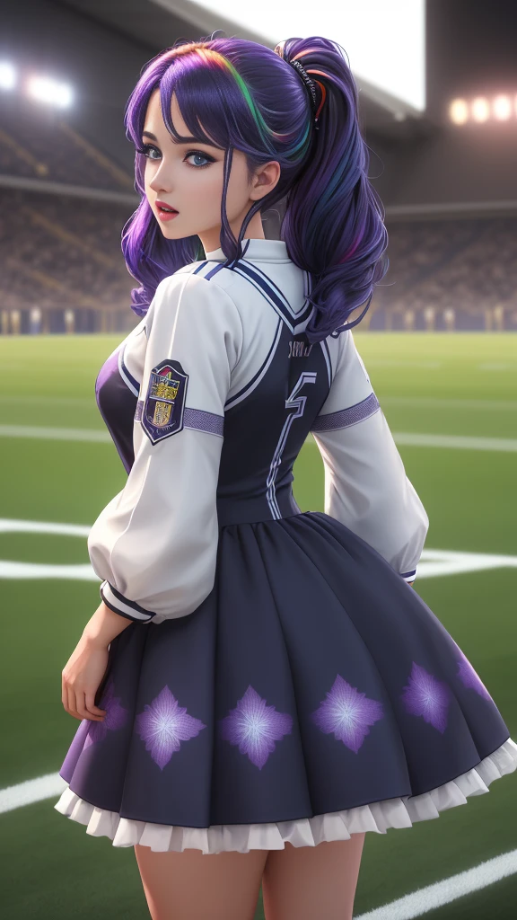 Masterpiece, best quality, age girl,((side face)),open mouth,(rainbow hair:1.1),one blue eye one purple eye, Football Kits, standing at the football field, CG Highly detailed, Very beautiful and elegant,very detailed eyes, Fine texture, Detailed fabric, Beautifully detailed face, complicated details, Special details, 3d, 30k, movie theater light, Stunning light, shallow depth of light, Beautiful clothing details, Highly detailed, UDR, Sharp focus, Physics-based rendering