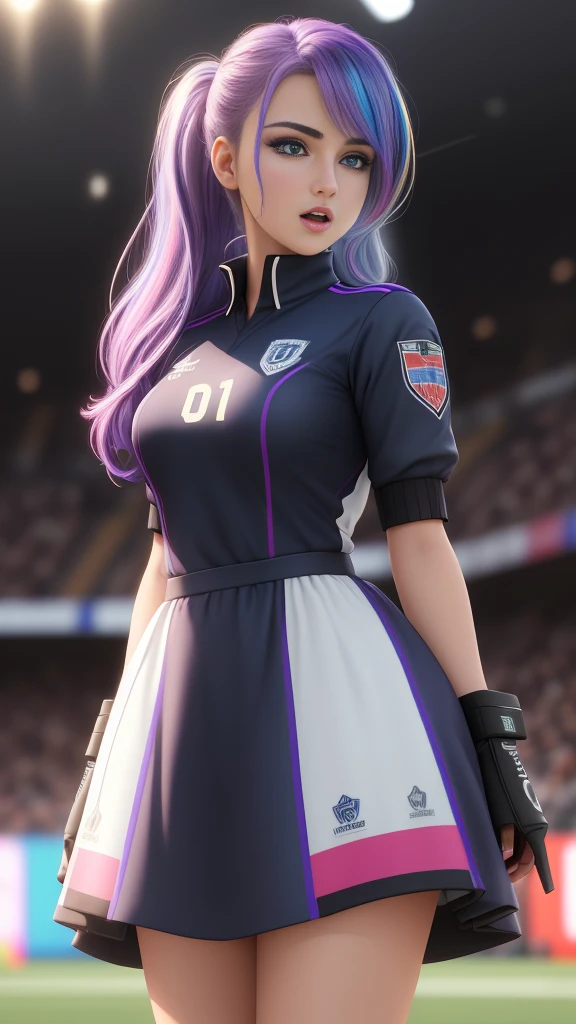 Masterpiece, best quality, teenage girl,((side face)),open mouth,(rainbow hair:1.1),one blue eye one purple eye, Football Kits, standing at the football field, CG Highly detailed, Very beautiful and elegant,very detailed eyes, Fine texture, Detailed fabric, Beautifully detailed face, complicated details, Special details, 3d, 30k, movie theater light, Stunning light, shallow depth of light, Beautiful clothing details, Highly detailed, UDR, Sharp focus, Physics-based rendering