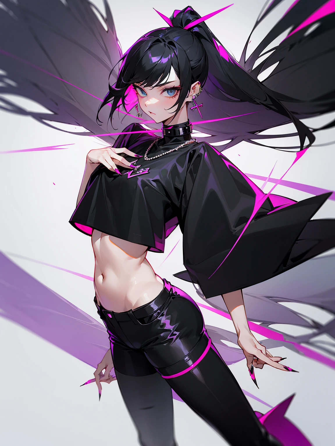 ((Long Straight Black hair)), Perfect face, Choker, Punk earrings, ((Tall)), ((High Quality)), Necklace, ((Mature)), Pretty Eyes, Sharp Nails, Bangs, ((1 Girl)), ((Multiple Earrings)), 1 girl, Spiky Earrings, Adult, Spiked Collar, Thin Eyelashes, Long Tail, Large Tail, Shark Tail, ((Short Pants)), ((Long Sleeve Crop Top)), Close Up, Tall, Long Legs, ((Dynamic Pose)), Black Tail, Pantyhose, Vibrant Colors, Close Up, Sexy, Suggestive, Sexually Suggestive, Skinny, Black Thigh Highs, Teasing, Ponytail, Slender Body, Stylish, Bangs,
