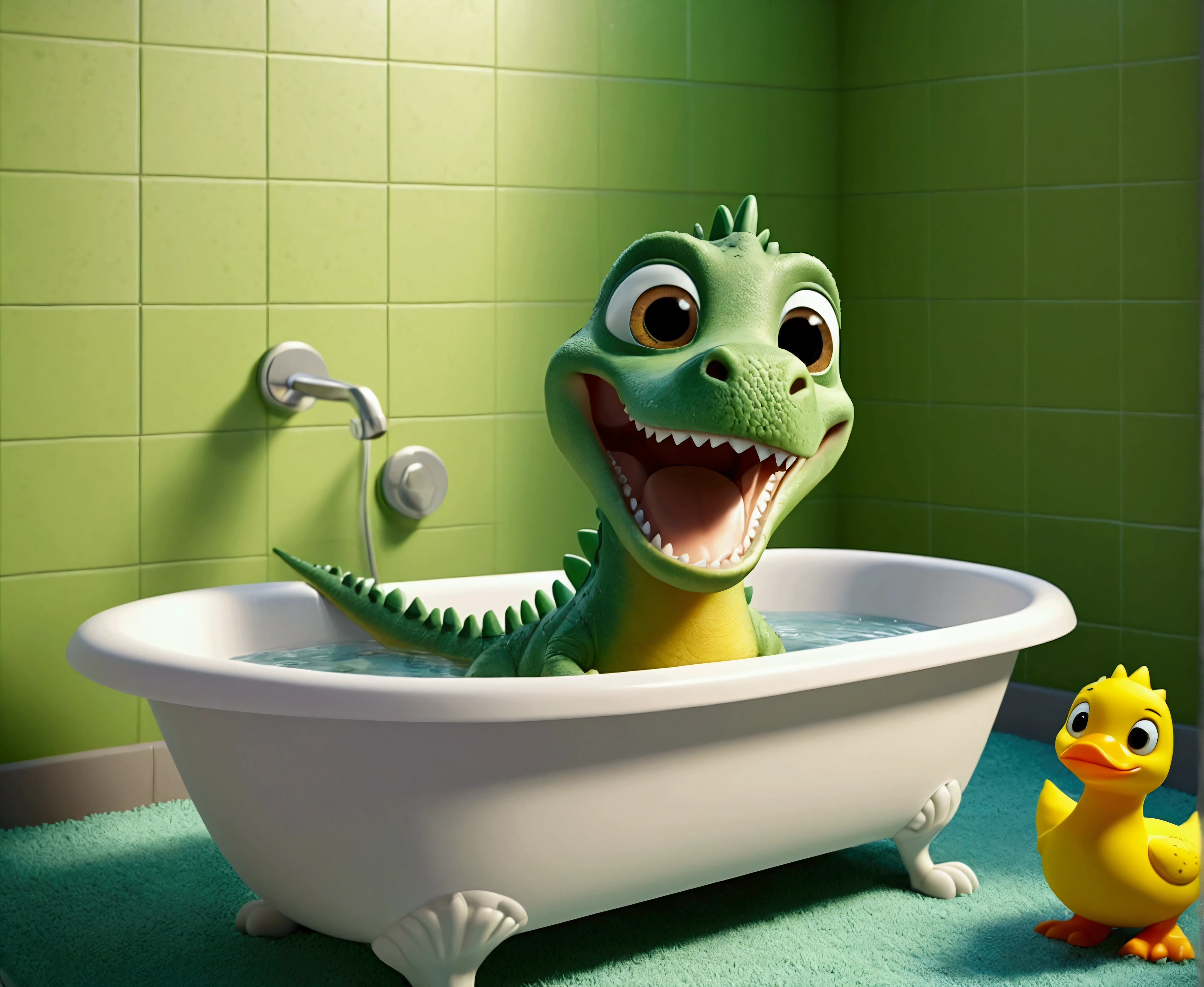 create a pixar animation style scene of a bathroom where we see a baby dinosaur called Beto with green color, yellow spines, big and innocent eyes, and a cute smile, taking a bath in a bathtub with a rubber ducky