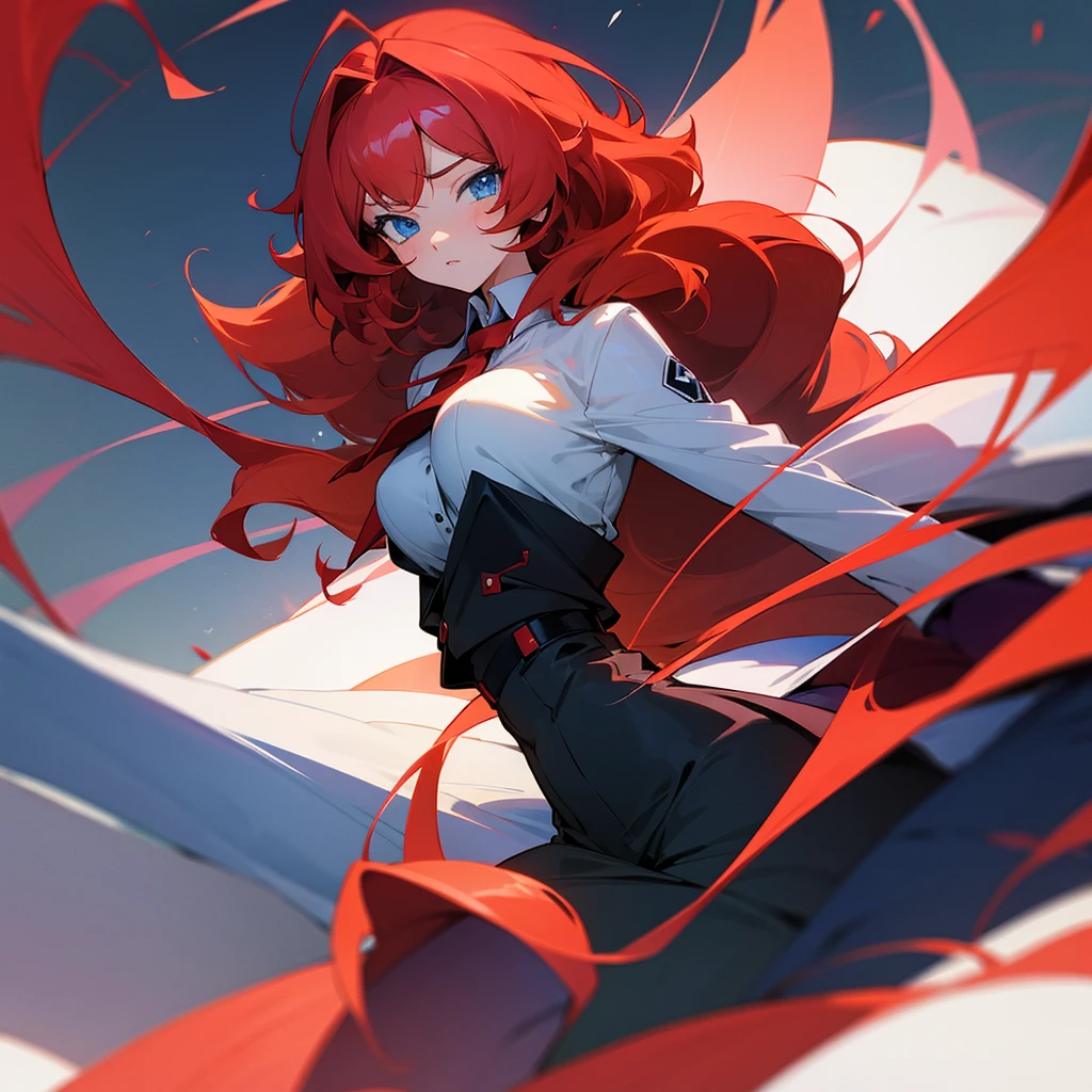 Anime girl with big red hair and blue eyes in sexy school outfit.