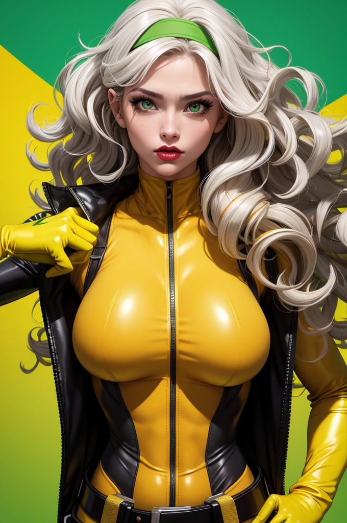 good anatomy, masterpiece, best quality, bokeh, depth of field, highres, high quality, 1girl,
CARTOON_X_MENs_Rogue,ownwaifu,
long hair,breasts,brown hair,green eyes,lipstick,makeup,lips,white hair,two-tone hair,headband,wavy hair,large breasts,messy hair,curly hair,big_hair, 
yellow bodysuit,jacket,gloves,belt,yellow gloves,green bodysuit,bodysuit,multicolored bodysuit,superhero, skin tight,multicolored clothes,  