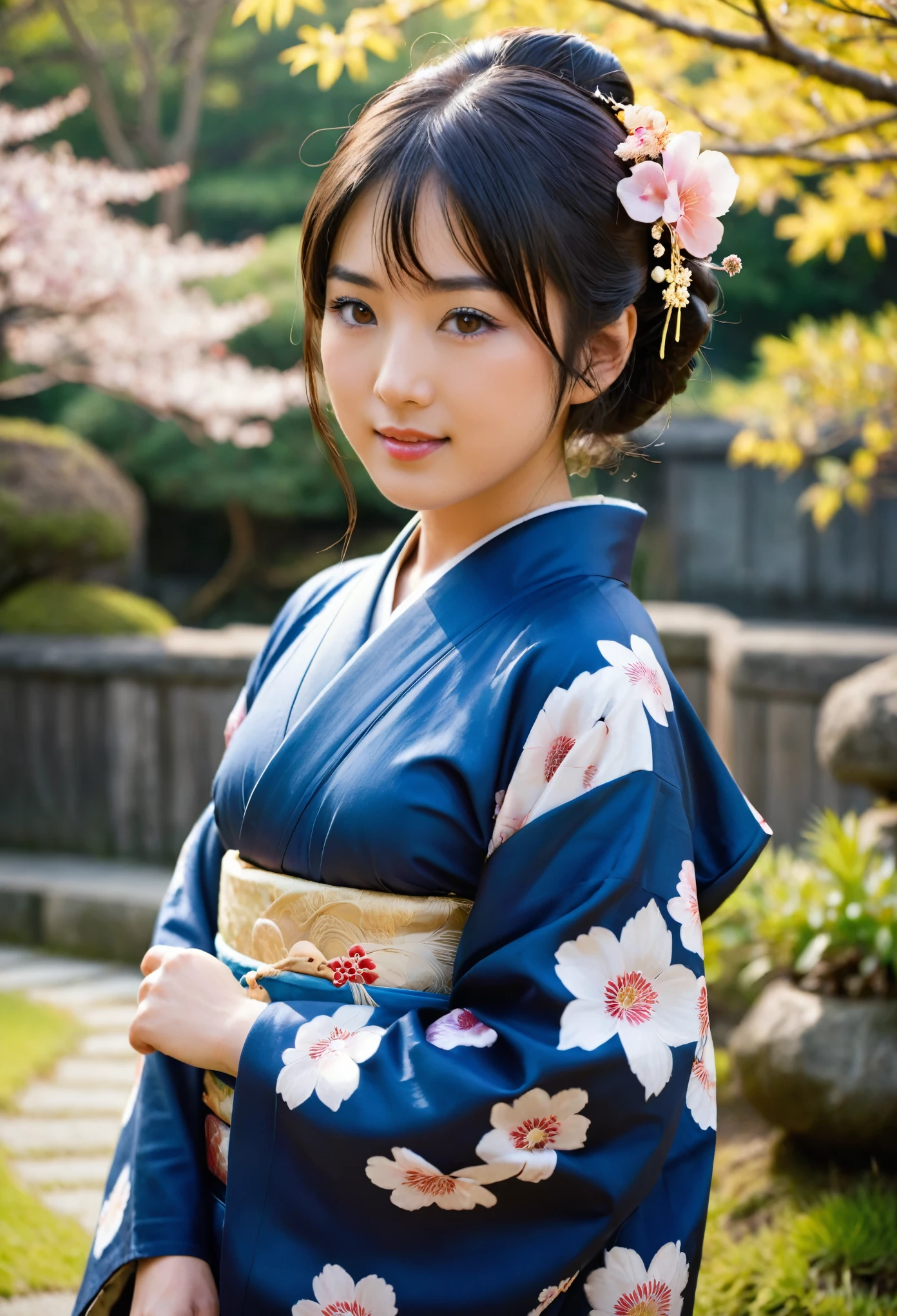 Cowboy shot , a Japanese ancient girl, looking at viewer, (beautiful Japanese Young General, girl is 20 years old), (Highly detailed face, Black hair ,Brown eye, Variegated eyes, Fuller lips, little Lips, little smile), (C cup breasts, middle hip), (Japanese kimono, background cloth indigo blue ,flower pattern), standing in Japanese on Garden, sunrise ,(masterpiece, Highest quality, masterpiece, God-like quality, Godly art, , Very realistic), same kimono,