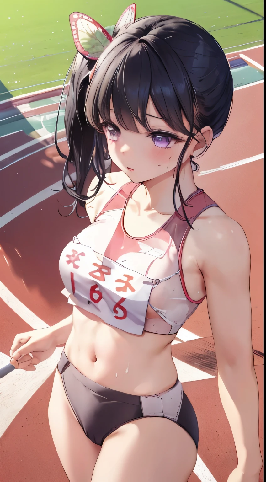 (((nsfw))),  Highly detailed eyesと顔，Highly detailed eyes, Ultra-realistic 8K CG，masterpiece，（（Highly detailed background，Delicate pattern，Intricate details, Detailed and beautiful eyes）），The best quality in the best condition，Very very very detailed face，((OlympicStadium)), ((((Top view)))), breast enhancement, Underboob, shy, Sweat, Waistline, Athletics, Run, Olympic競技場, Japanese representative player, masterpiece, Highest quality, High resolution,walk short distance, Race, A large number of people, walk short distance, A strong start, 
Kanadev, 1 girl, alone, Purple eyes, Black Hair, Long Hair, blunt bangs, bangs, hair ornaments, bug, butterfly, Side Ponytail, butterfly hair ornaments,
whole body, Stadium,Olympic, Looking into the distance, 1 girl, , software, High resolution,masterpiece,Highest quality, ,1 girl, , Hair Flowers, Cha-cha dance, Athleticsのユニフォーム,