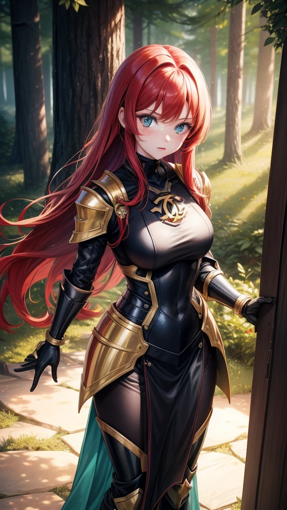 アニメ,  girl, {face perfect}, {Chanel red hair}, {greeneyes}, {asymmetrical eyes}, {perfect nose}, {red lips}, {full body 5.0}, {well detailed gold and black armor}, {facing the front, looking at camera}, at a forest}
{8k image}, {ultra resolution 128k}, {ultra quality},(high quality sharpness) 