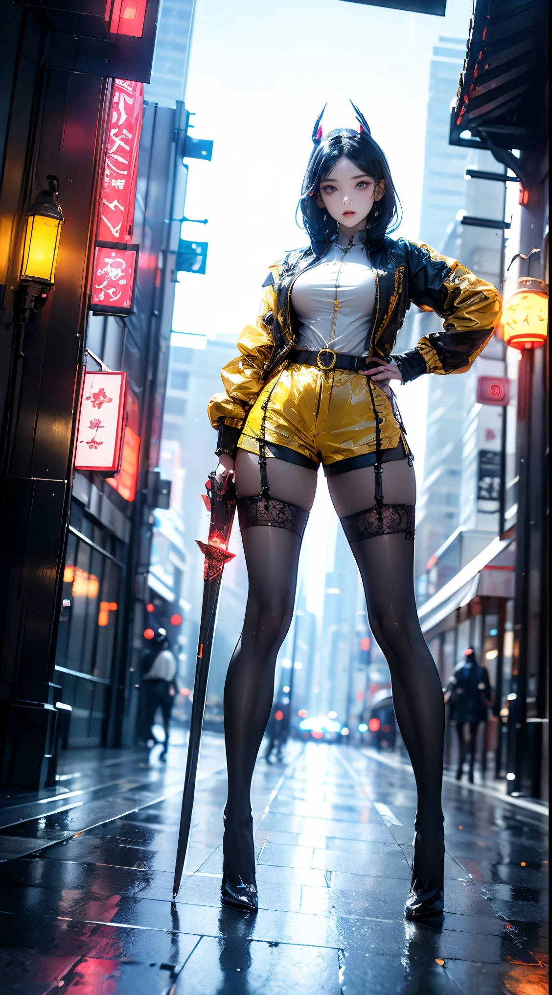 masterpiece,best quality,high resolution, 1 girl,from below,(매우 얇고 straight legs),,(매우 long legs,straight legs),,high heel,long legs,stand on all fours, 정면에서 보면 long legs, perfect body,with perfect legs,(Exterior),Telegraph slang,cyberpunk figures,dynamic pose,1 girl,Exquisite eyes,brown eyes,eye shadow,to put on make up,long gray hair, detailed face, detailed eyes, looking at viewer, blusher\(to put on make up\), plump lips, red lip,(long gray hair:1.3), (stand on all fours)Mechanically static,Summon Mech,(headdress:1.1),headgear,((((short yellow jacket,ultra shorts)))),(black lace stockings,stocking suspenders),city,Luminous winding,Holding a long sword in his hand,weapon,Cyberpunk Lighting:1.1),neon lights,Completely mechanical and futuristic elements,technology,배경은 중국 전통 distance,Chinatown, distance, sky sky, cyberpunk figures, lantern, Neon Super Resolution,(realism:1.3),1(slim:1.2),dramatic lighting,vivid details,classy cyberpunk,complex background,Rendering with high octane,