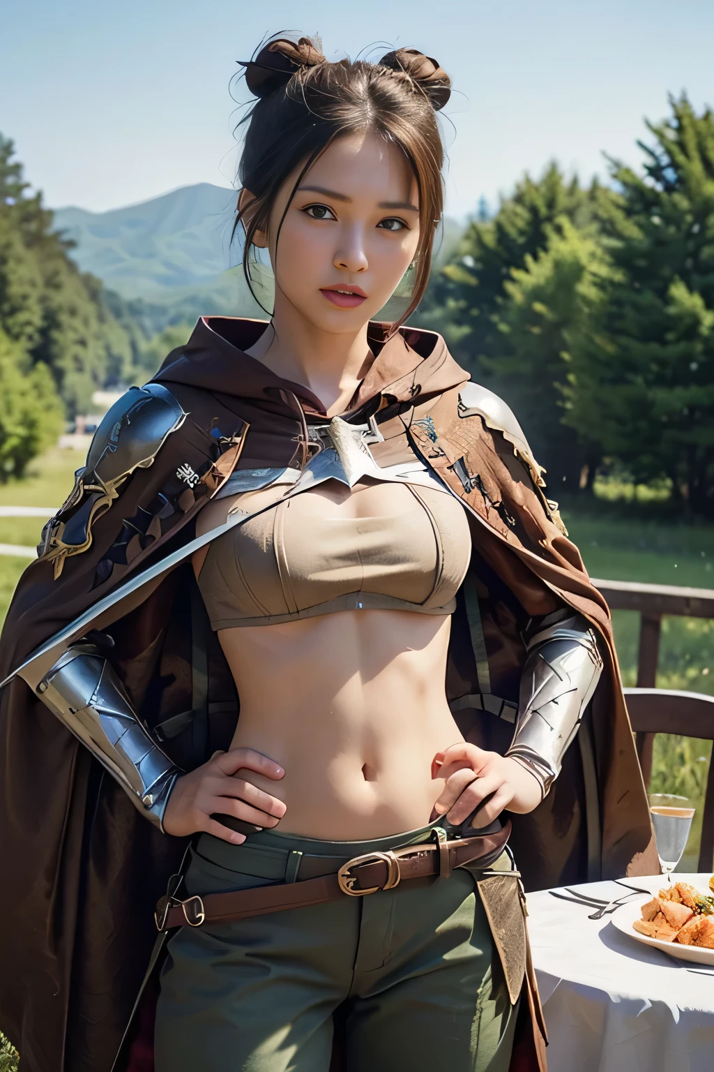 8k,A female adventurer from another world,so beautiful(Like the real thing),((Cowboy Shot:1.4))、((Dining outdoors:1.5))、((Girl in armor:1.4))、((Woman with brown double hair bun:1.4)),blue eyes,((Brown combat trousers:1.4)),((Dagger on hip:1.7)),Mountainous Regions,Perfect Face,Perfect hand shape,charm,Volume measurement,Body balance,超High resolution,super Realistic skin,Digital single-lens reflex camera, Soft lighting, high quality, Highly detailed face, Highly detailed eyes, highly detailed skin, skin, Highly detailed face, Highly detailed eyes, Beautiful expression, lip, Detailed Background, Small breasts、Volumetric lighting, Sharp focus, Absurd, Realistic proportions, Excellent anatomy, (Realistic, 超Realistic:1.4), 16k hdr, dawn,High resolution,super Realistic skin,super Beautiful expression,Fantasy art,Character Art,Compensate,((Brown cloak:1.4))、
