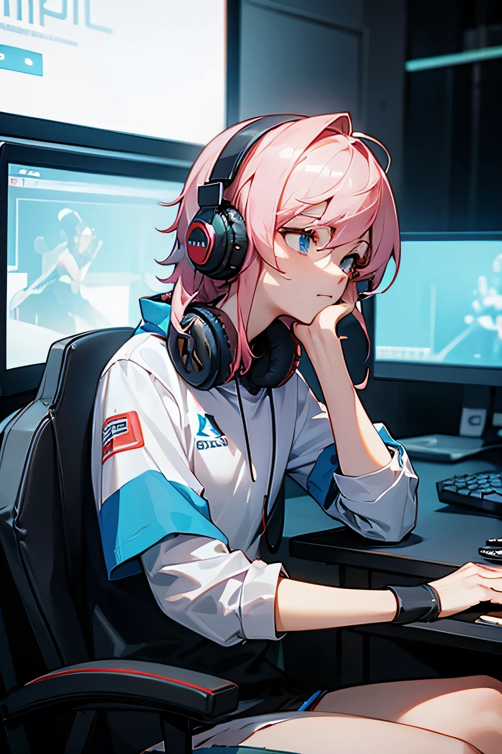 Esports player, sitting on a chair, with headphones , plays a game